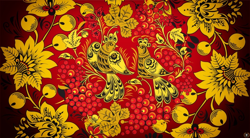 Ivan Ivanovich, Background, 8K, Red, Khokhloma painting, Russian painting, Khokhloma, Art, Birds, Flowers, Style, Bird, madeinkipish, Painting