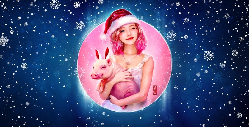 Background, 2K, Pig, The year is 2019, 2019, New Year, Art, madeinkipish, Girl, Lana Paluhina, Christmas, Snow, Holiday, by Lana Paluhina, The Year Of The Pig