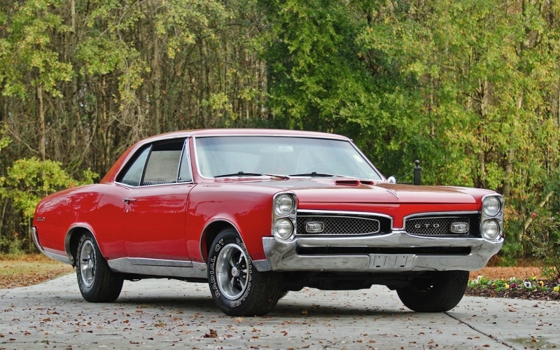retro styled, outdoors, mode of transportation, 1967 pontiac gto, motor vehicle, land, plant, vintage car, transportation, 720P, day, car, red, nature