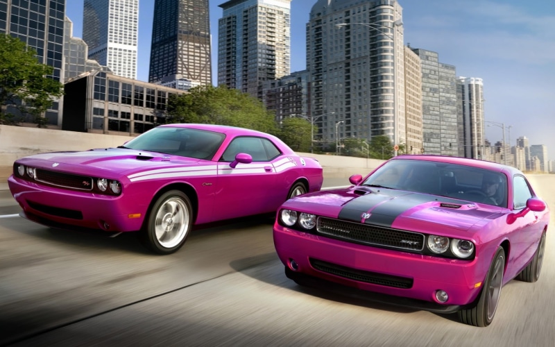 luxury, grand, purple, day, pontiac, red, city, architecture, Dodge Challenger, pink color, building, 1080P, sedan, office building exterior, wealth, building exterior