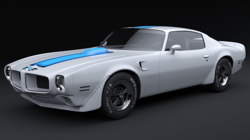 studio shot, black background, wheel, muscle car, no people, clean, land vehicle, cut out, modern, blue, silver - metal, transportation, pontiac trans-am 1970
