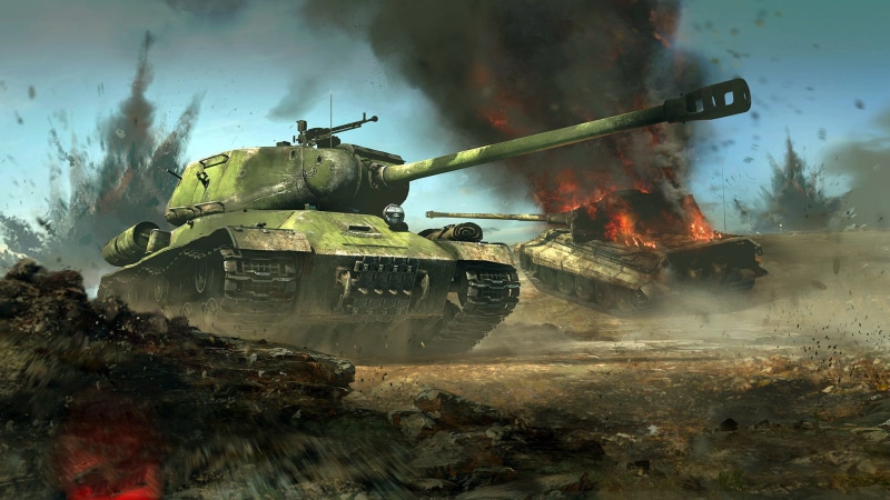 weapon, tank, transportation, conflict, field, camouflage, motion, yellow, The is-2, gun, fighting, Tiger II, land, machinery, sky, Soviet heavy tank, war thunder