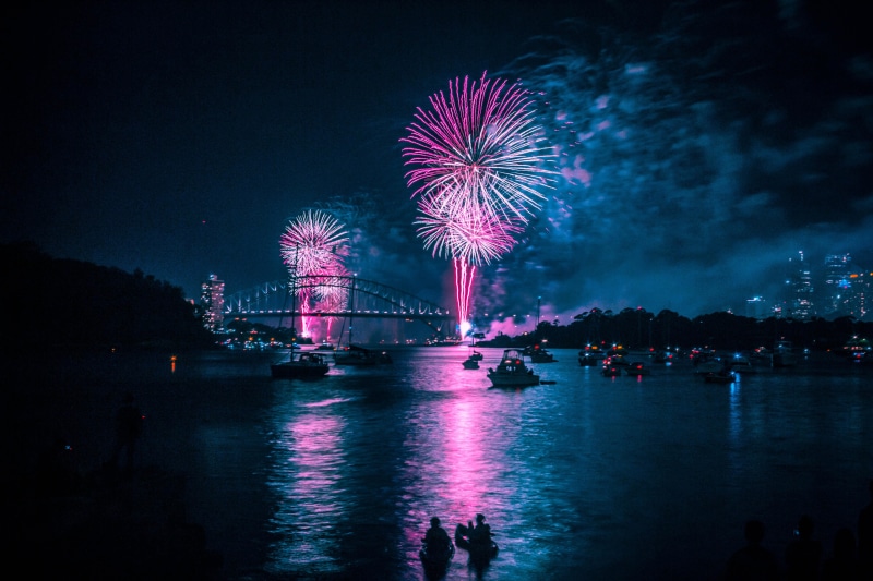 time, firework - man made object, crowd, person, nature, celebration, vaporwave, long, motion, australia, architecture, harbour bridge, illuminated, nye