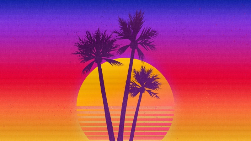 Retrowave, sunset, synthwave, OutRun, vaporwave, palm trees, digital art, 2K
