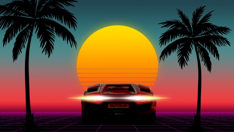 8-bit, car, palm trees, sunset, OutRun, 1980s, 80s, neon, 1080P, Lamborghini