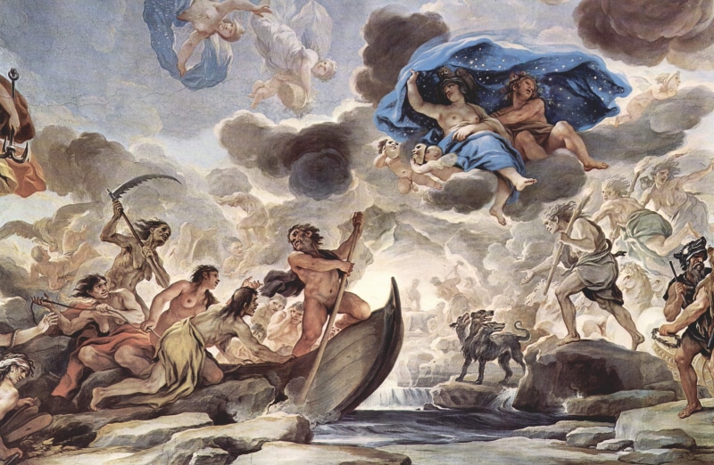 greek mythology, art, luca giordano, nature, morpheus, religion, painting, painted, fresco, belief, male likeness, men, 1680, angel, representation, group of animals