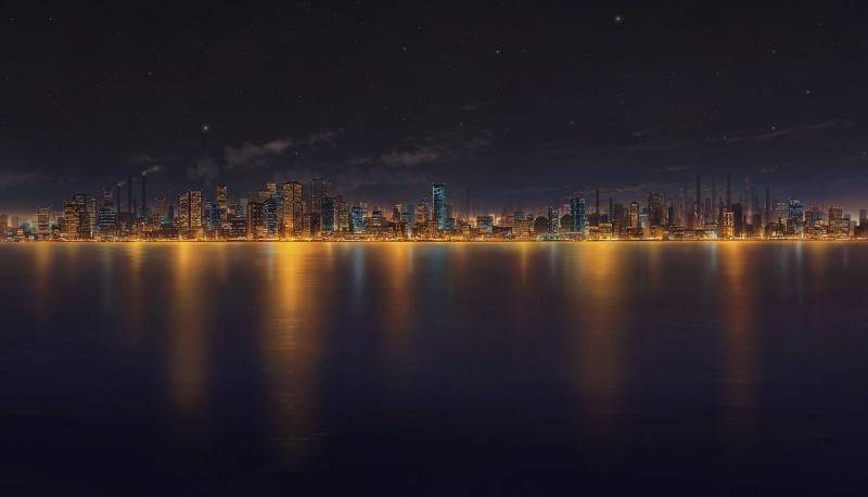 no people, architecture, landscape, nature, residential district, road, nightlife, night, built structure, outdoors, building, cityscape, anime, urban skyline