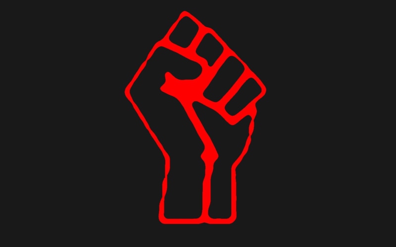 revolt, black color, copy space, cut out, sign, red, 720P, communication, representation, neon, glowing, close-up, black background, studio shot, indoors