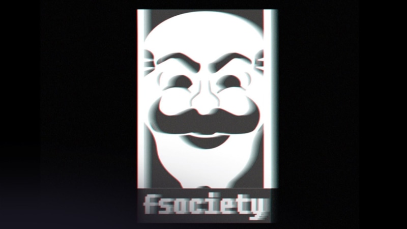 studio shot, mystery, 1080P, entrance, no people, white color, text, front view, illuminated, mr_ robot tv series tv fsociety, close-up, capital letter