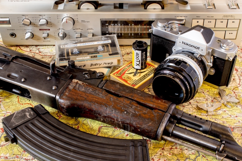 Weapon, close-up, table, 4K, nikon, ak47, magazine, photography themes, rifle, retro styled, high angle view, aiming, video game, still life, lens, tape