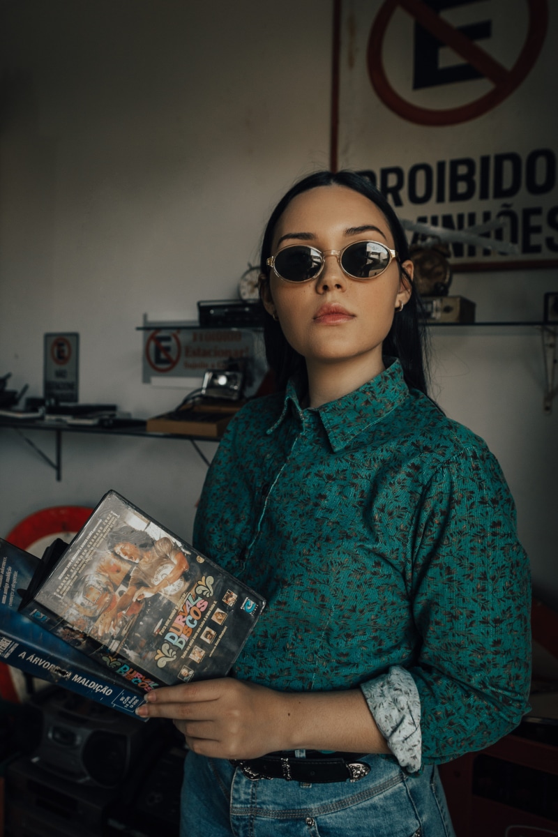 classic, standing, blue, girl, jeans, leisure activity, woman, front view, young women, glasses, human, beautiful woman, style, retro, real people, vhs