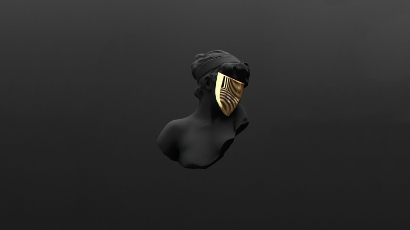 gray, creativity, studio shot, arts culture and entertainment, gold, bust, mid-air, security, high angle view, black background, minimalism