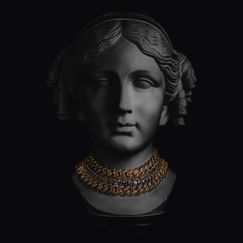 ornate, black background, pose, head, studio, cut out, art, photoshoot, portrait, front view, sculpture, gold, necklace, girl, white, bust, diamonds, female