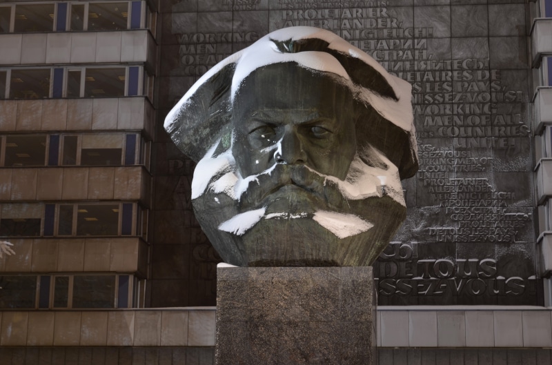 carving - craft product, outdoors, architecture, no people, bronze, tourism, snow, worth living in chemnitz, monument, day, representation, statue, built structure