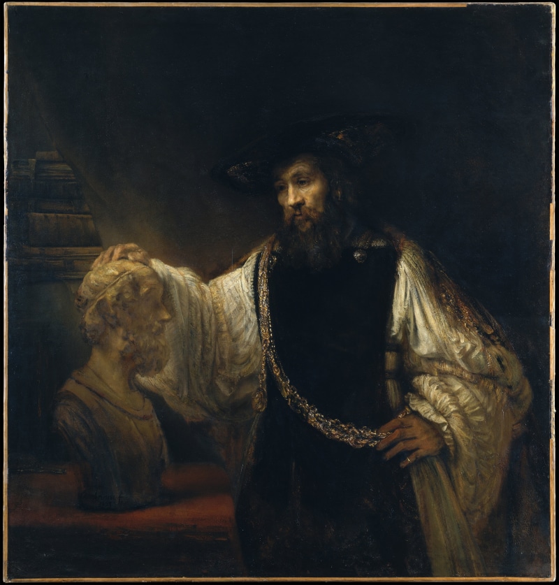 Greek Mythology, 4K, history, Aristotle With The Bust Of Homer, Rembrandt van Rijn, painting, Classic Art, artwork