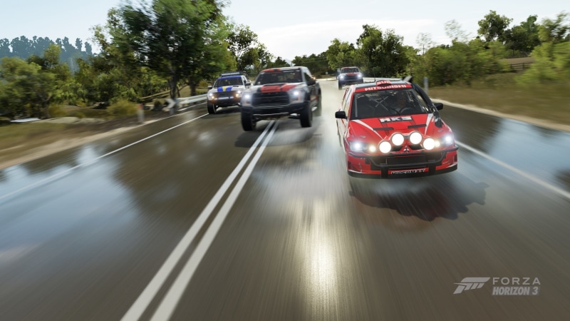 Forza horizon 3, 1920x1080 px, Lights, 1080P, Ford Raptor, rain, Nissan Titan Warrior, car, Ford f, Mitsubishi Lancer Evolution MR, Rally Cars, video games