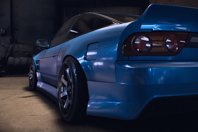 vintage car, retro styled, motor vehicle, land vehicle, car, no people, parking garage, outdoors, headlight, day, need for speed 2015 video games racing car nissan 180 nissan 180sx liberty walk rocket bunny