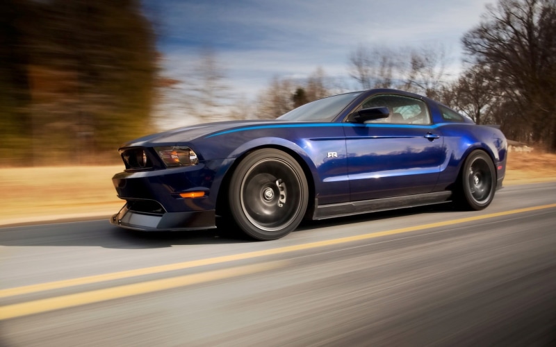 Ford, sports car, tree, mode of transportation, Ford Mustang, blue cars, no people, wealth, road trip, car, road, Ford Mustang RTR, blurred motion, on the move