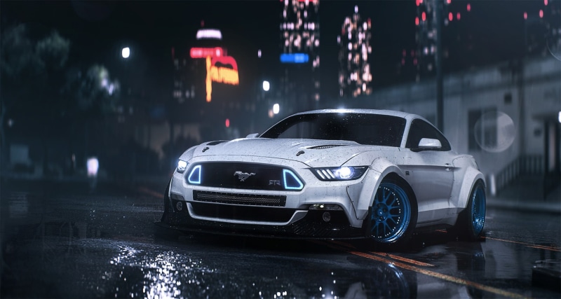 Musle, Mustang, RTR, Night, Front, Ford, 2016, Rain, 1080P, Car