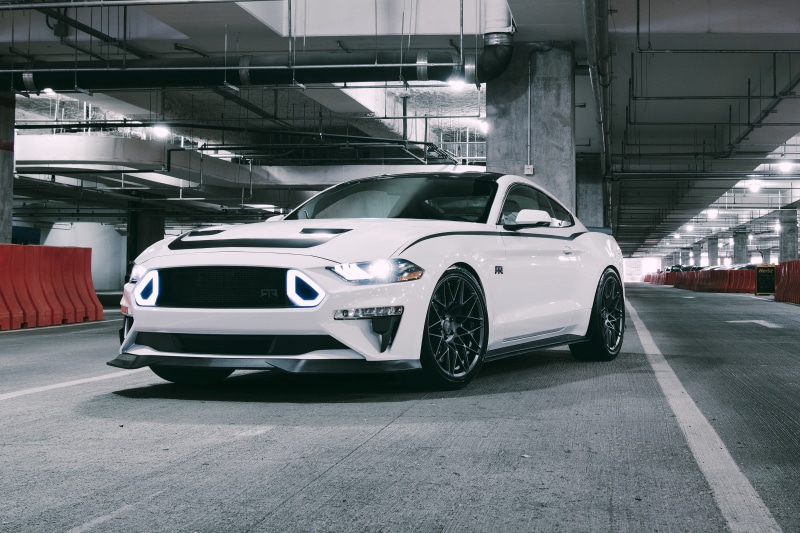 illuminated, day, stationary, mode of transportation, street, motor vehicle, 2018, city, building exterior, car, parking garage, road, no people, Ford Mustang RTR