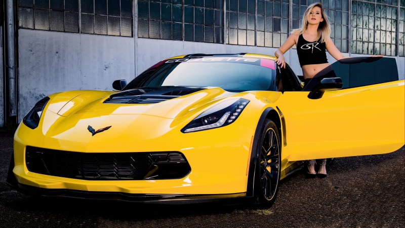 women, vehicle, blonde, model, Corvette C7 Z06, standing, yellow cars, women with cars, 1080P, car