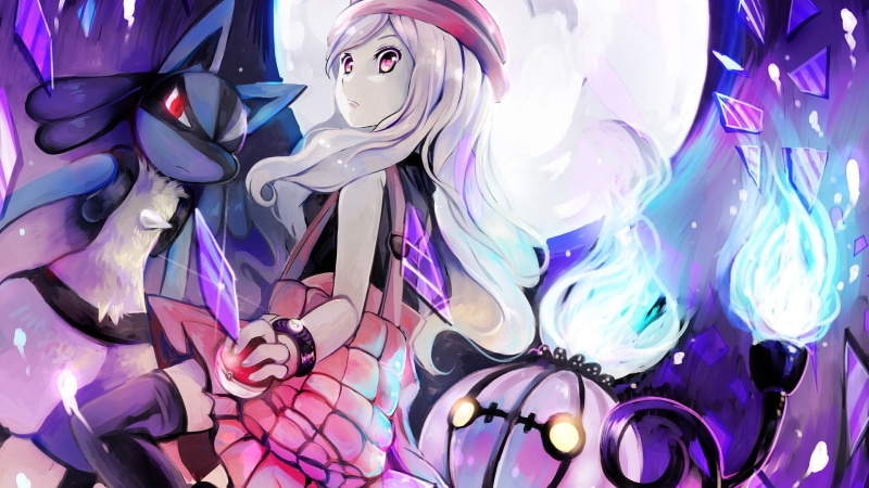 1080P, Long Hair, Serena (Pokémon), Pink Eyes, Watch, Hat, Pokemon: X and Y, Pokémon, White Hair, Skirt, Lucario (Pokémon), Thigh Highs, Pokeball, Red Eyes