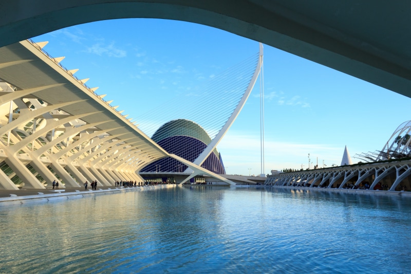 outdoors, travel, nature, city, building, architecture, river, sky, modern, blue sky, design, city of arts and sciences, reflection, water, people, blue