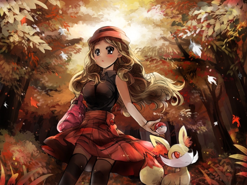 Grey Eyes, leaf, women, Pokemon: X and Y, creativity, one person, Hat, art and craft, Thigh Highs, autumn, plant part, Pokeball, Skirt, Fennekin (Pokémon)