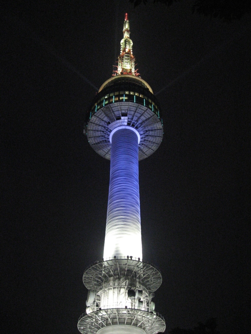 office building exterior, architectural column, night, building exterior, copy space, clear sky, nature, seoul tower, low angle view, party bucket, illuminated
