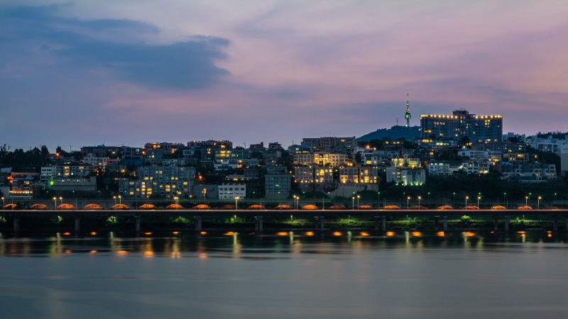 river, sunset, city, architecture, built structure, water, residential district, landscape, 4K, skyscraper, purple, dusk, nature, korea, cloudy, building