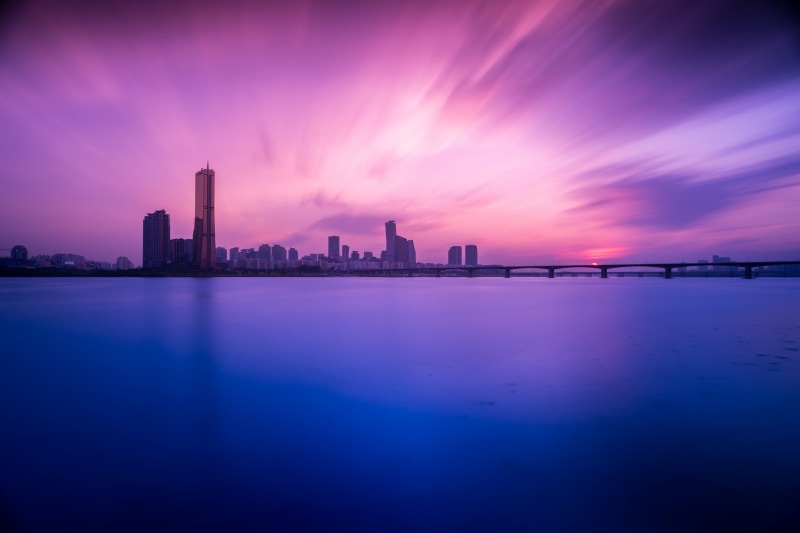 the Han river, office building exterior, architecture, Han River, cityscape, 1080P, tall - high, Seoul, landscape, South Korea, building, purple, skyscraper