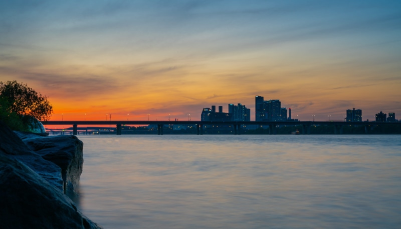 dusk, waterfront, architecture, south korea, twilight, clouds, built structure, building, atmospheric, scenics - nature, red, seoul korea, sea, asia, dawn