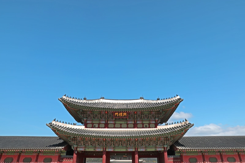 gyeongbokgung palace, building exterior, blue, copy space, architecture, roof, no people, 5K, belief, religion, seoul, built structure, south korea, korea