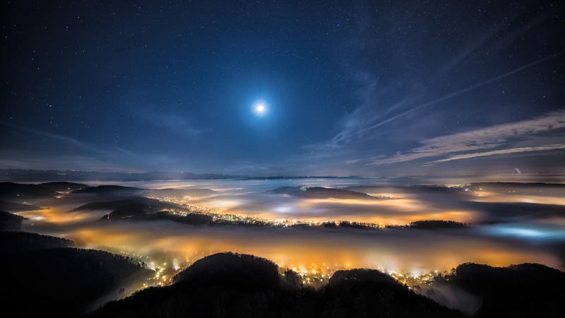 scenics - nature, mountains, outdoors, cloud - sky, fog, 2K, photography, no people, Zurich , sky, Moon, mountain, mountain range, body, tranquility, moonlight