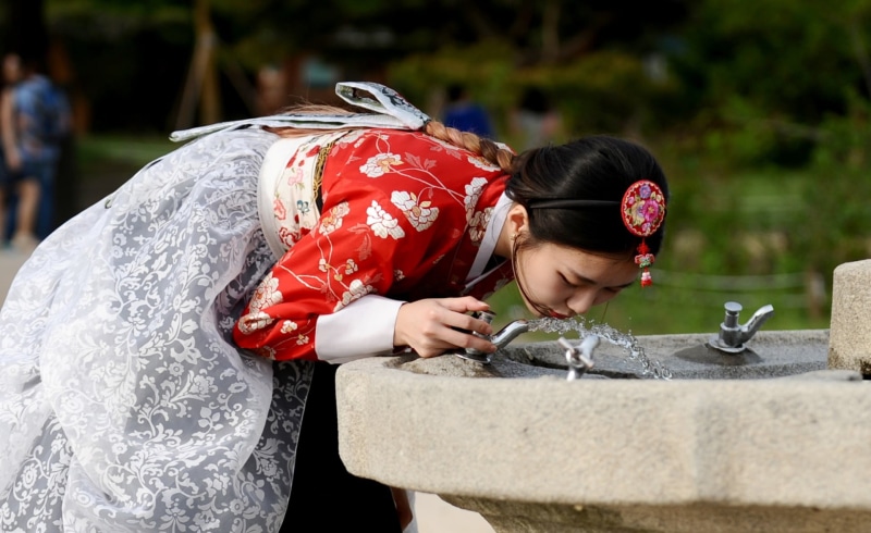 standing, holding, day, females, hanbok, innocence, incidental people, casual clothing, leisure activity, Asian, nature, real people, focus on foreground