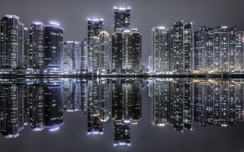 night, lights, building, urban, 720P, skyscraper, korea, south, reflection, landscape, cityscape, south korea, nightbuilding