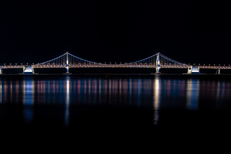 boardwalk, town, connection, 부산, bridge - man made structure, night view, night, korea, 광안대교, waterfront, water, copy space, reflection, metropolis, south korea