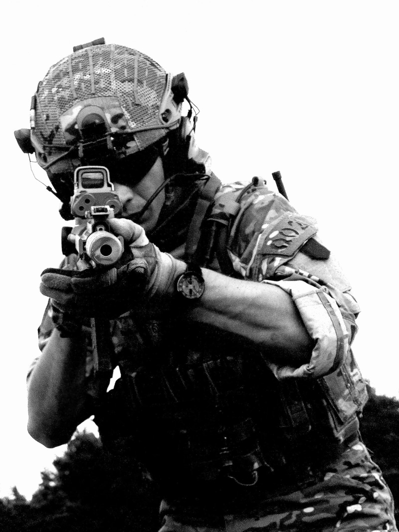 gear, holding, day, clothing, headwear, military, militaria, full, sky, government, helmet, uniform, real people, soldier, people, 1080P, rifle, grayscale