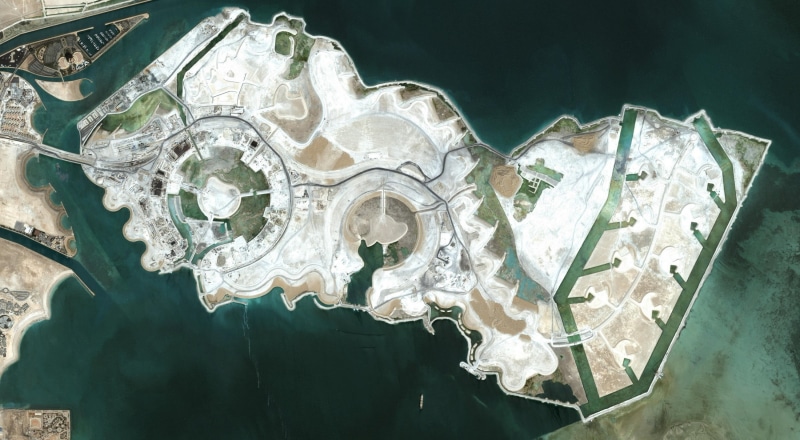 building, aerial view, white color, Asia, 2K, table, icicle, sea, day, ice, crystal, indoors, gray, nature, Qatar, no people, map, focus on foreground