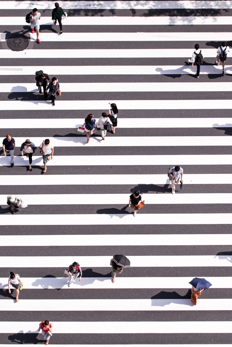 day, photography, road, architecture, 2K, crossing, group of people, people, real people, black and white, busy, pedestrian, city street, aerial, white