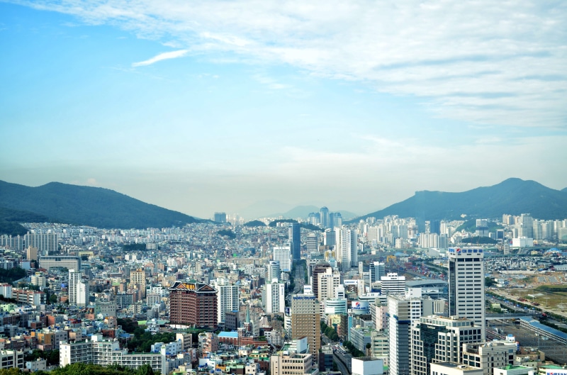 financial district, settlement, skyscraper, built structure, nature, city view, mountain, south korea, high angle view, busan city, busan, sky, office building exterior