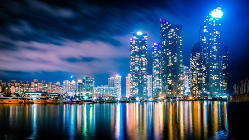 дома1, night city, yachts, Busan, The Republic Of Korea, Korea Strait, South Korea, Korean Strait, Marine City, harbour, 2K, boats, building, skyscrapers