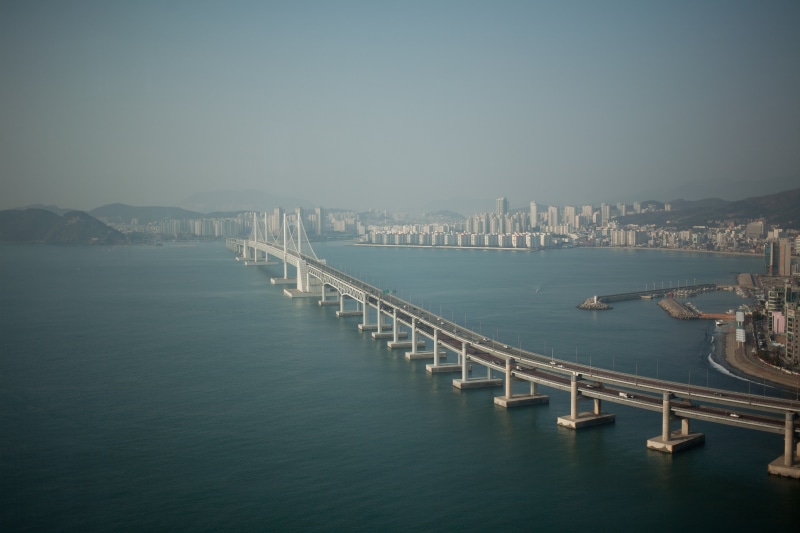 cityscape, outdoors, sea, water, transportation, architecture, 4K, building exterior, gwangan bridge, connection, nature, bay, city, bridge, clear sky