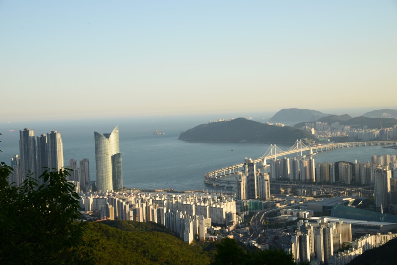 water, busan, clear sky, copy space, travel destinations, tourism, travel, mountain, 5K, modern, built structure, building exterior, gwangan bridge, sky