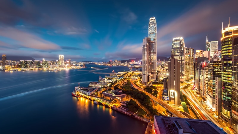 illuminated, cloud - sky, office building exterior, Hong Kong, building exterior, financial district, sky, building, water, long exposure, digital