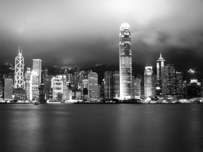 Hong Kong, town, cityscape, black, white, 720P, lights, water, monochrome