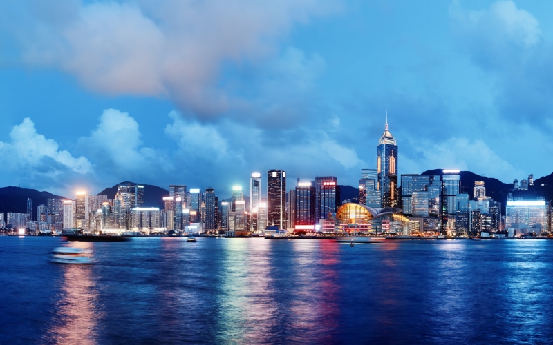 2K, sky, panoramic, photo, Sea, Night, river, lights, hong, ships, kong, clouds, Buildings, Hong kong, city, Skyline, China, daytime