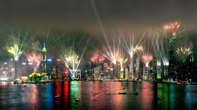 skyscraper, laser light show, architecture, asia, office building exterior, travel destinations, waterfront, 4K, building, city, firework, motion, firework display