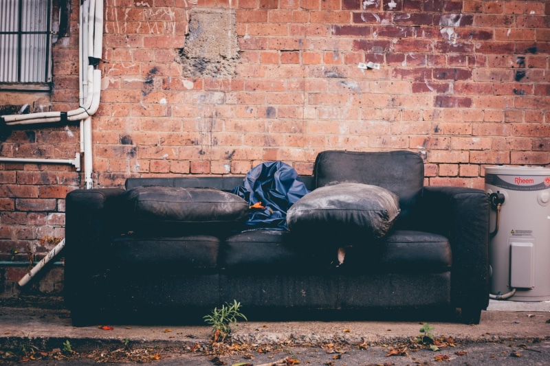 chair, run-down, lifestyle, built structure, bricks, leather, day, absence, sofa, gray, 720P, heater, couch, furniture, garbage, city, abandoned, wall