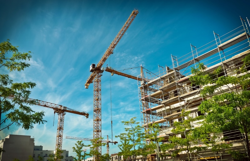 built Structure, house facade, blue, apartment, sky, crane - Construction Machinery, skyscraper, no people, modern architecture, houses facades, construction